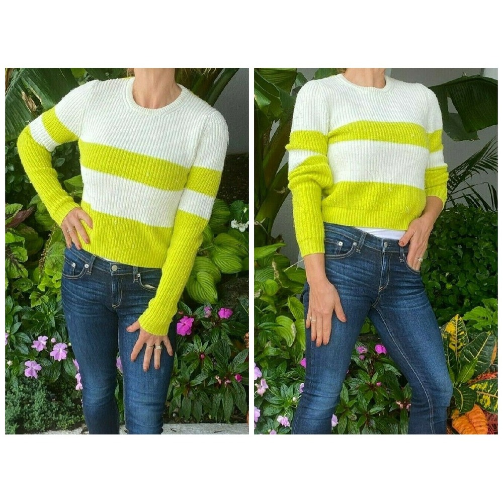 KENZO PARIS CHARTREUSE STRIPED WOOL BLEND FRAYED CREW NECK JUMPER SWEATER S 🌸
